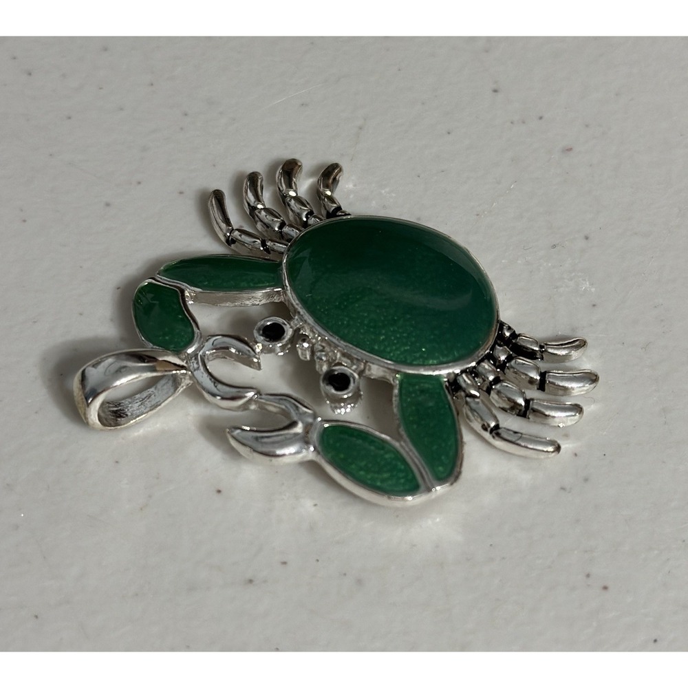 Green Enamel Crab Pendant Silver Tone Beach Nautical Ocean Sea Charm Large NEW - Picture 3 of 5